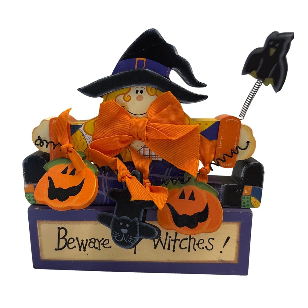 Beware of Witches Halloween Wooden Shelf Sitter Witch Pumpkin Cat Crow Decor